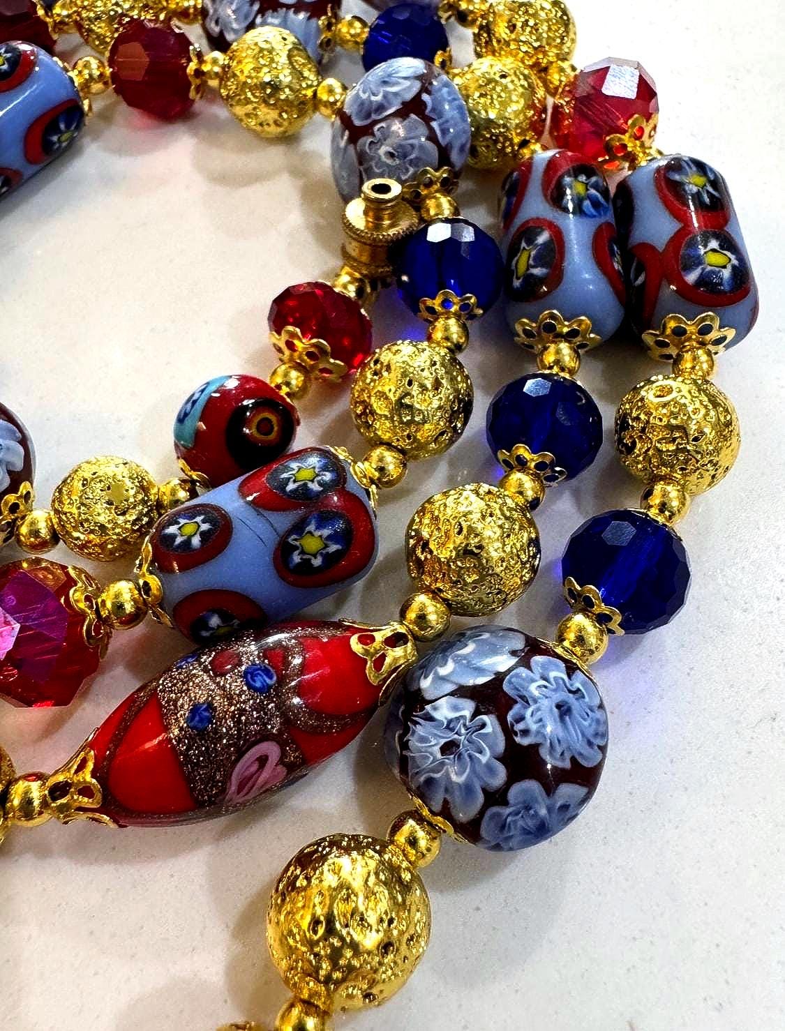 Vintage Murano Millefiori Glass Necklace: Red, Violet, Brown Beaded Rosario Leonardi