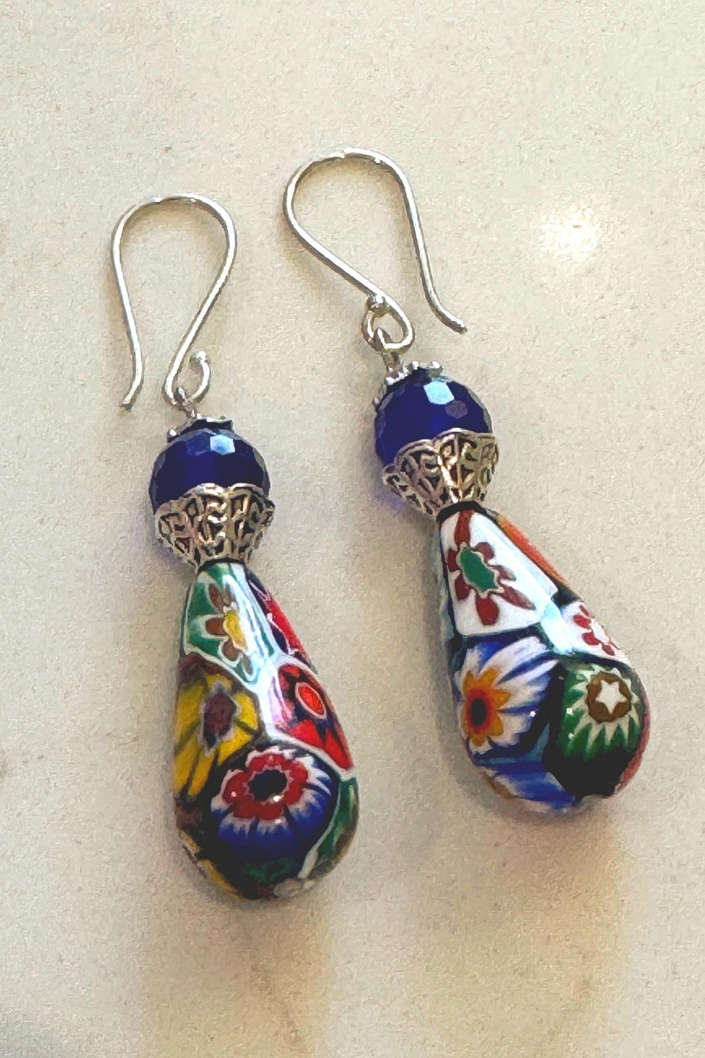 Vintage Ercole Moretti Teardrop Earrings: Sterling Silver, Cobalt Crystals