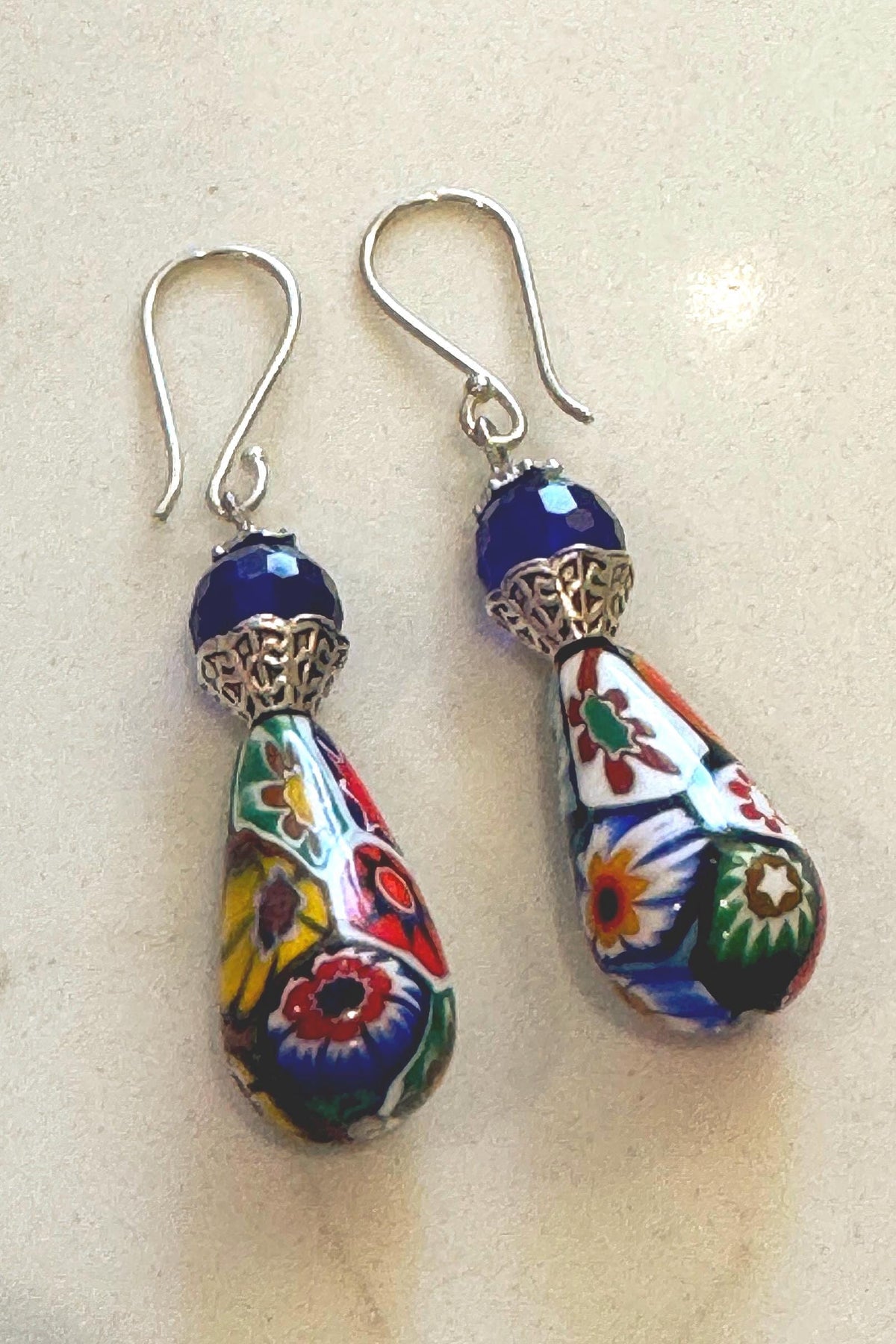 Vintage Ercole Moretti Teardrop Earrings: Sterling Silver, Cobalt Crystals