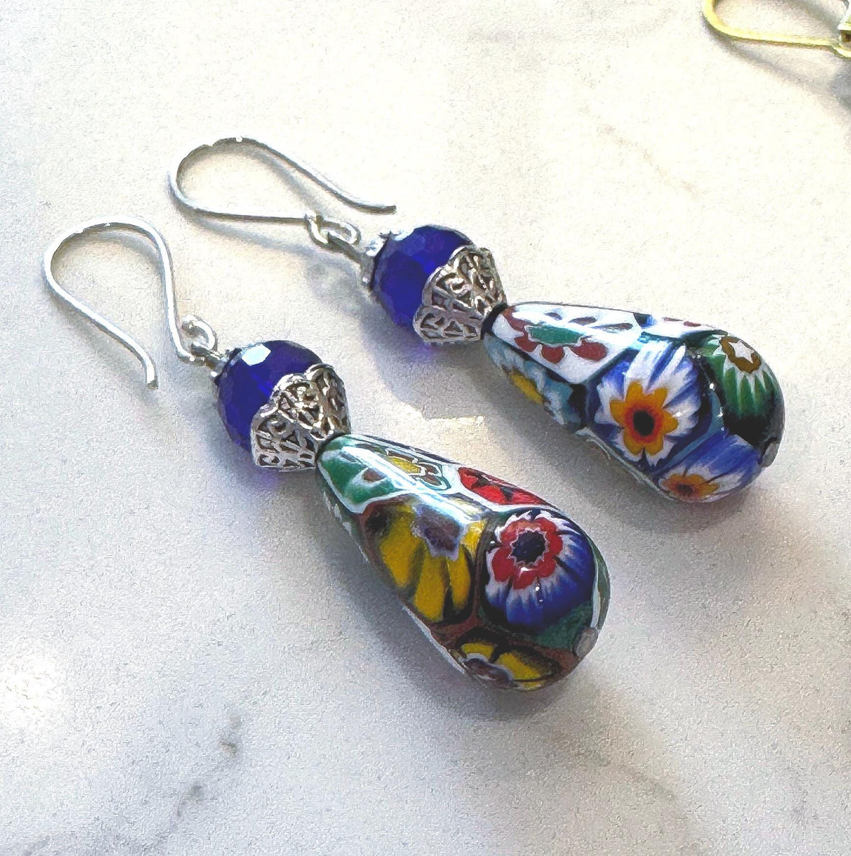 Vintage Ercole Moretti Teardrop Earrings: Sterling Silver, Cobalt Crystals