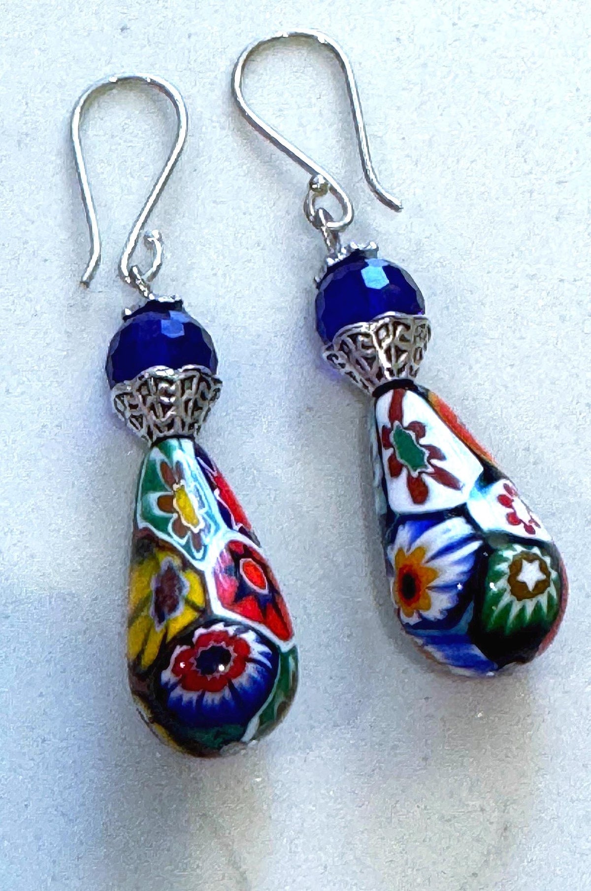 Vintage Ercole Moretti Teardrop Earrings: Sterling Silver, Cobalt Crystals