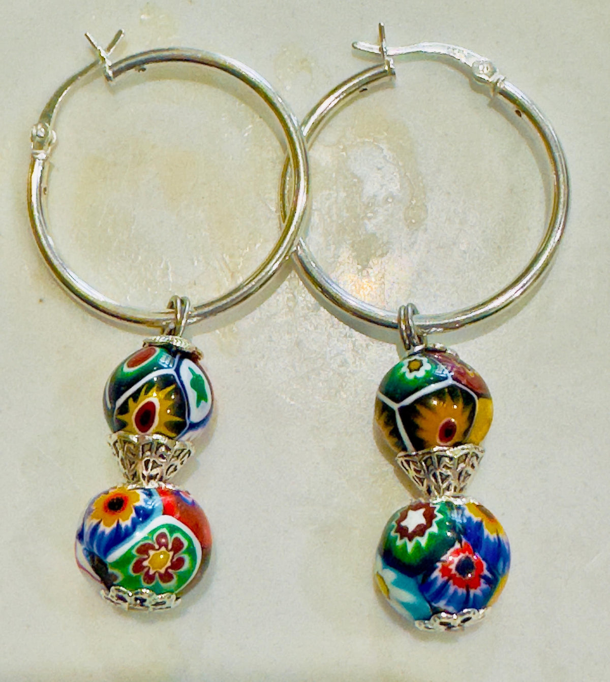 Silver Hoop Earrings Featuring Ercole Moretti Double Beaded Dangle