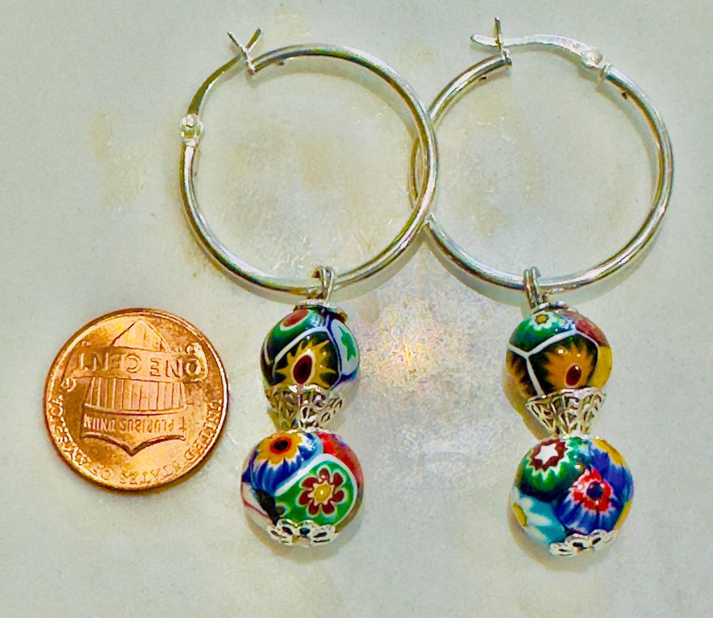 Silver Hoop Earrings Featuring Ercole Moretti Double Beaded Dangle