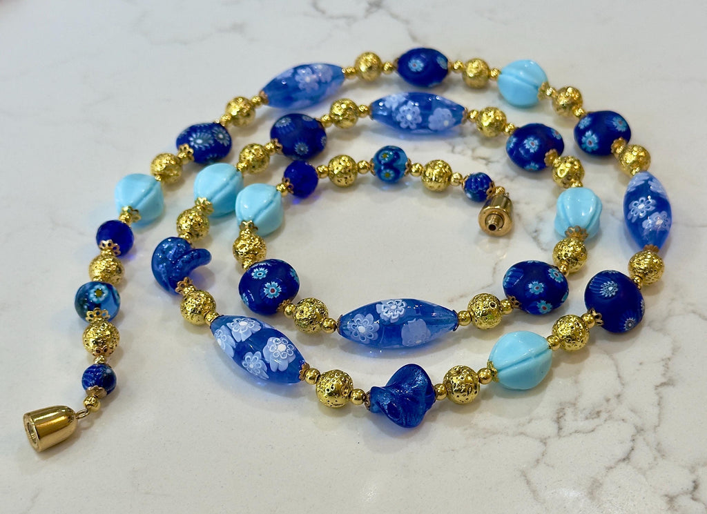Vintage Murano Millefiori Glass Necklace, Gold & Cobalt Beads, 1920s Art Deco