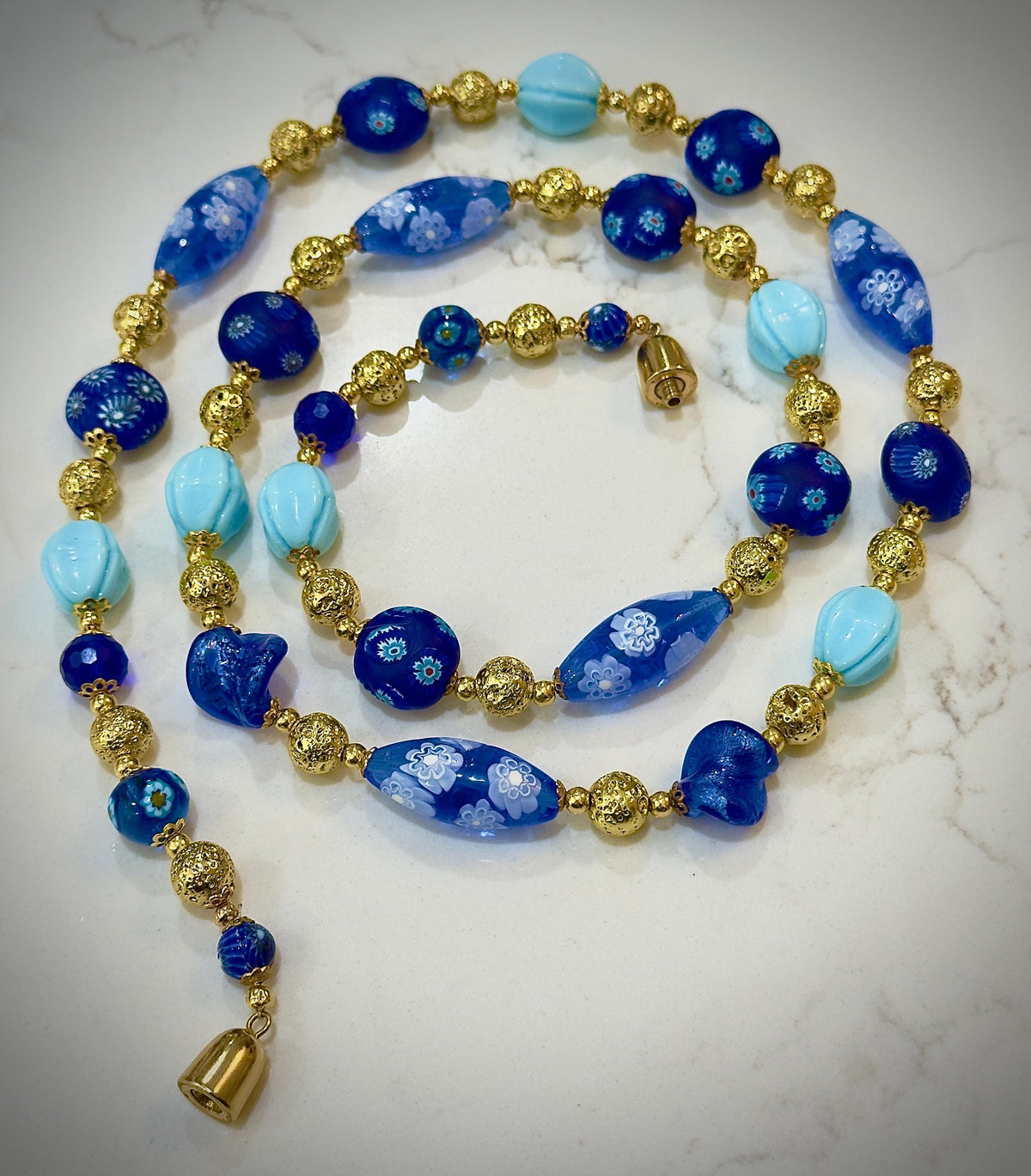 Vintage Murano Millefiori Glass Necklace, Gold & Cobalt Beads, 1920s Art Deco