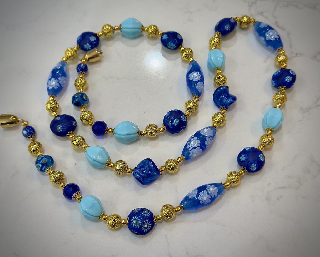 Vintage Murano Millefiori Glass Necklace, Gold & Cobalt Beads, 1920s Art Deco