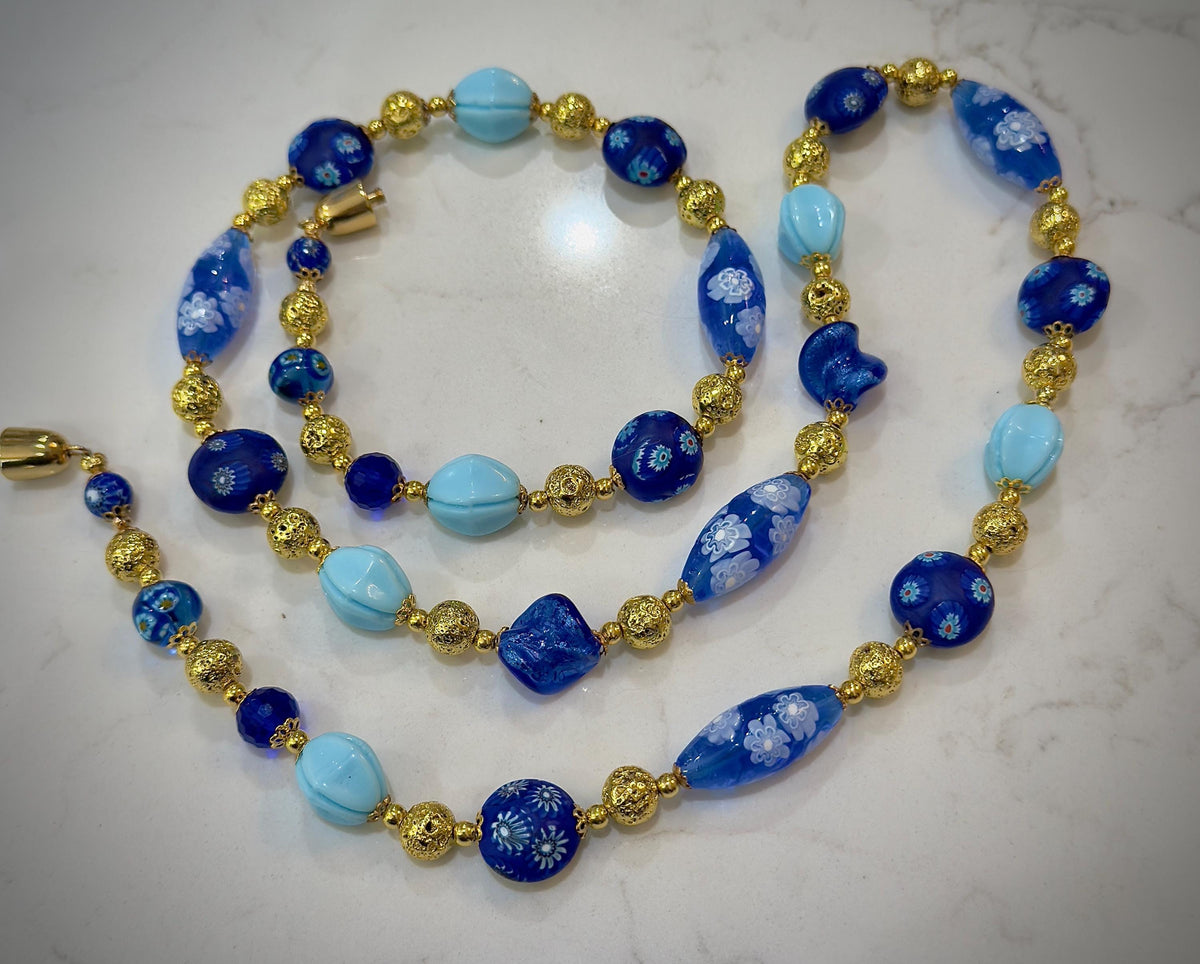 Vintage Murano Millefiori Glass Necklace, Gold & Cobalt Beads, 1920s Art Deco