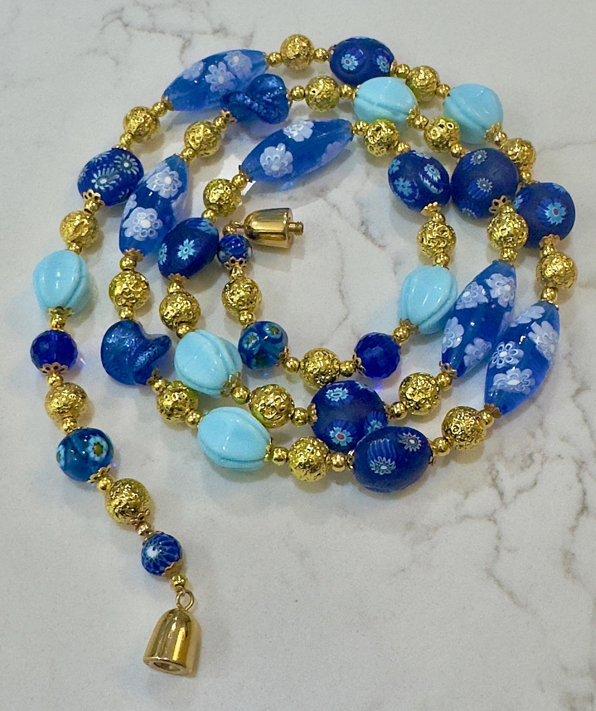 Vintage Murano Millefiori Glass Necklace, Gold & Cobalt Beads, 1920s Art Deco