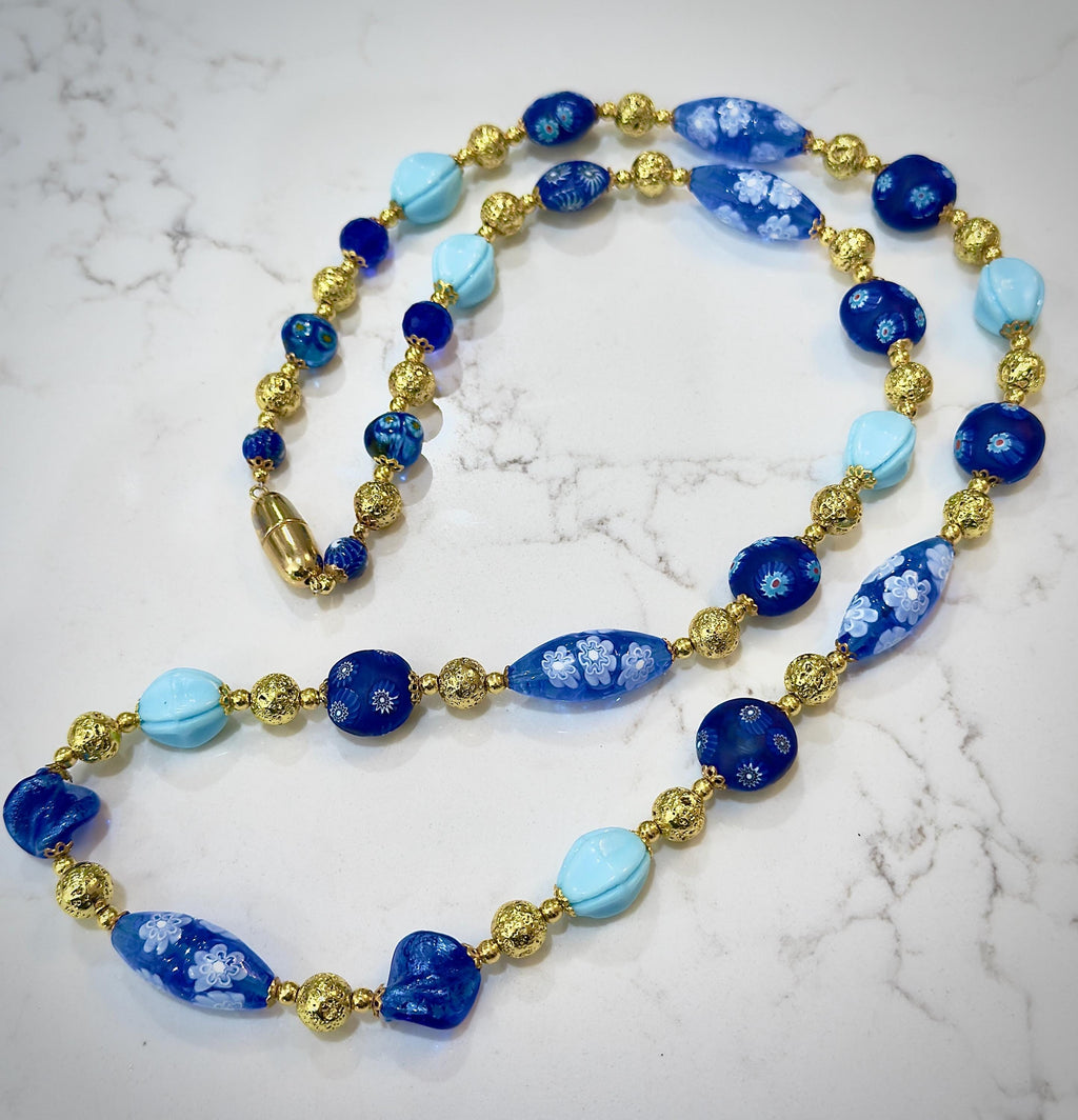 Vintage Murano Millefiori Glass Necklace, Gold & Cobalt Beads, 1920s Art Deco