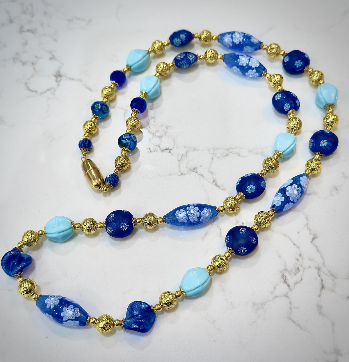 Vintage Murano Millefiori Glass Necklace, Gold & Cobalt Beads, 1920s Art Deco