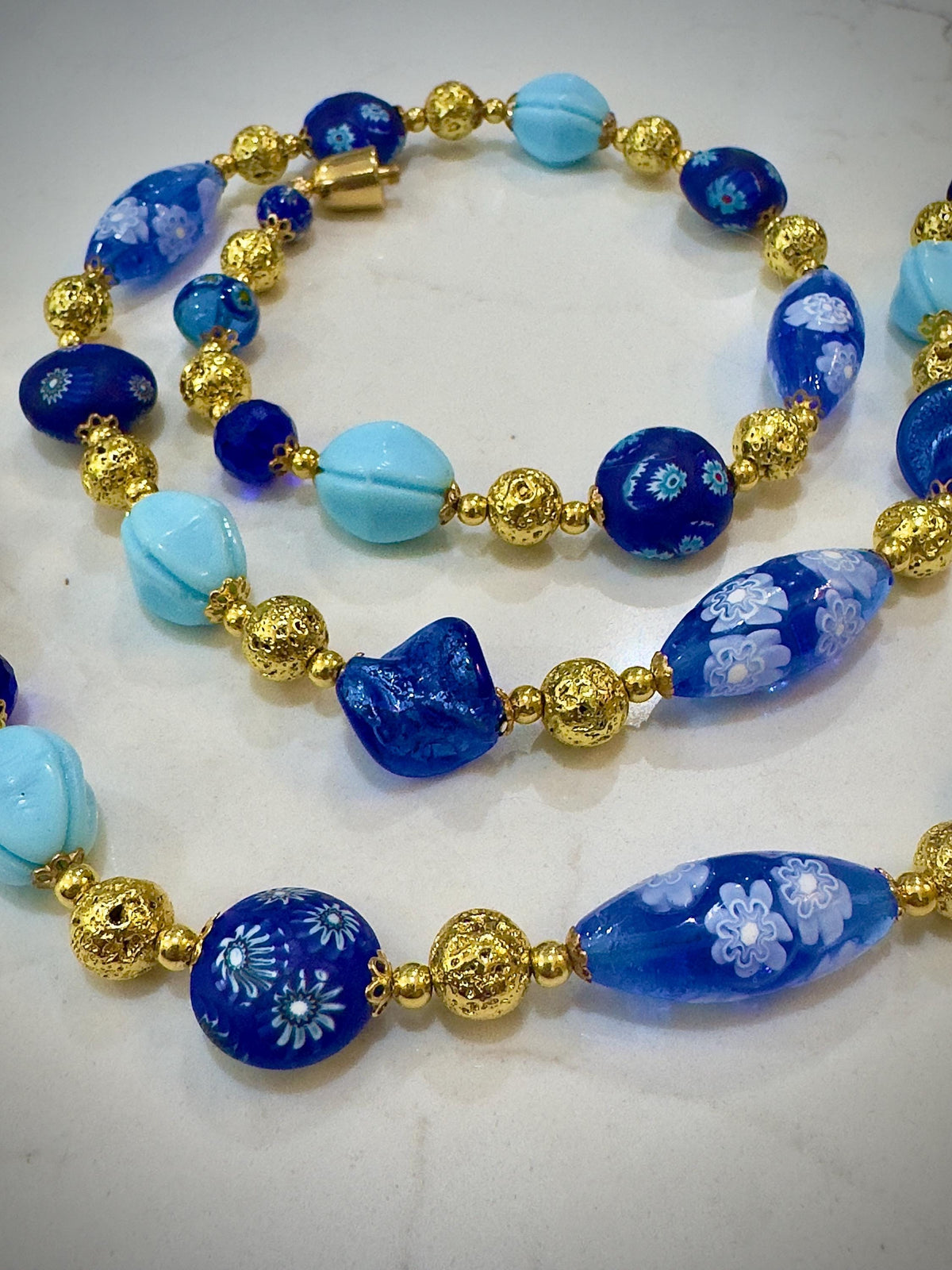 Vintage Murano Millefiori Glass Necklace, Gold & Cobalt Beads, 1920s Art Deco