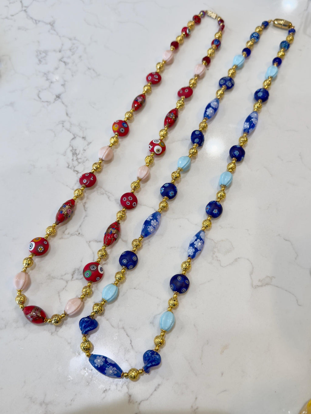 Vintage Murano Millefiori Glass Necklace, Gold & Cobalt Beads, 1920s Art Deco