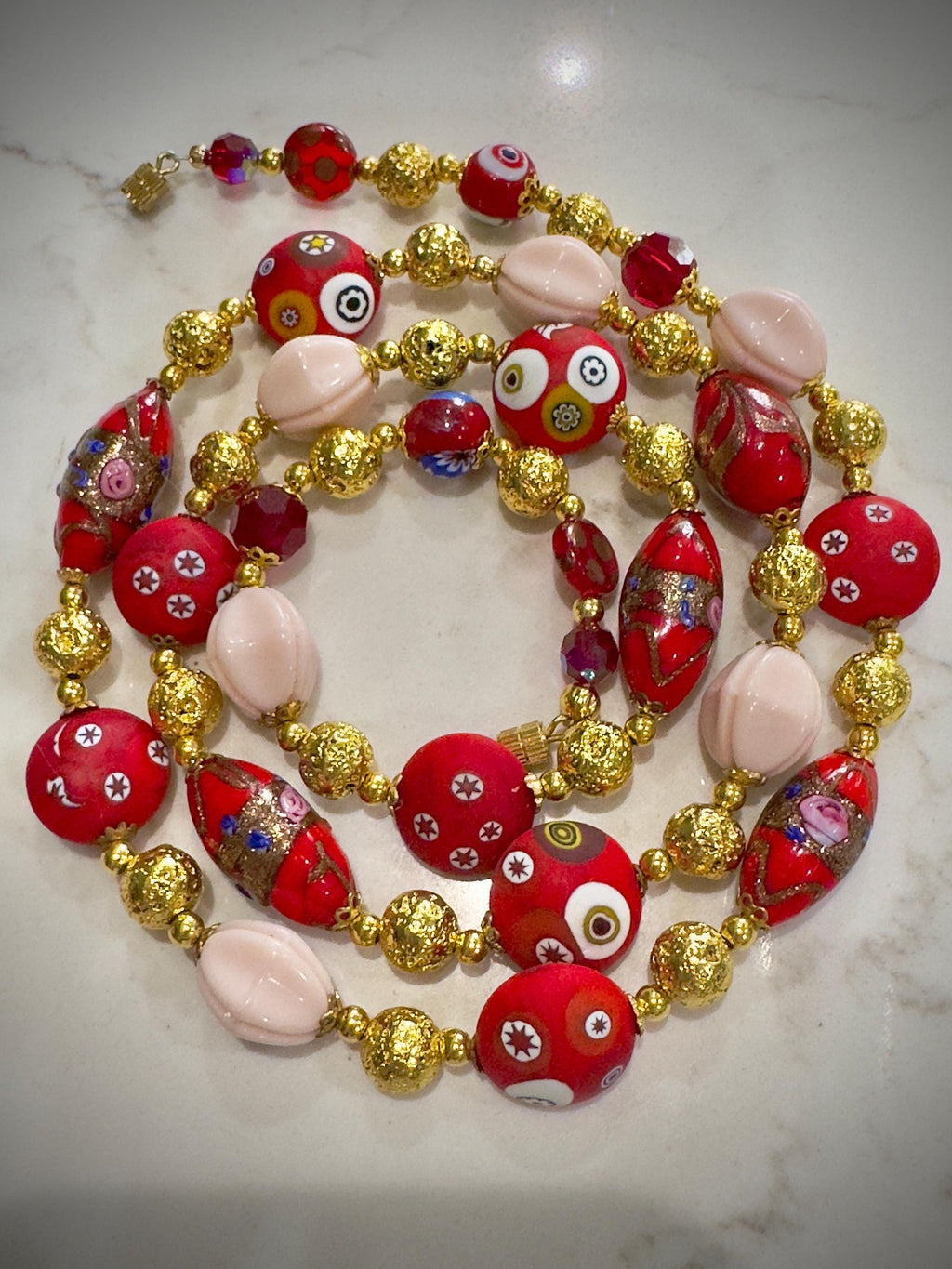 Vintage Millefiori Murano Glass Necklace, Gold Foil Czech Beads, 1920s-30s