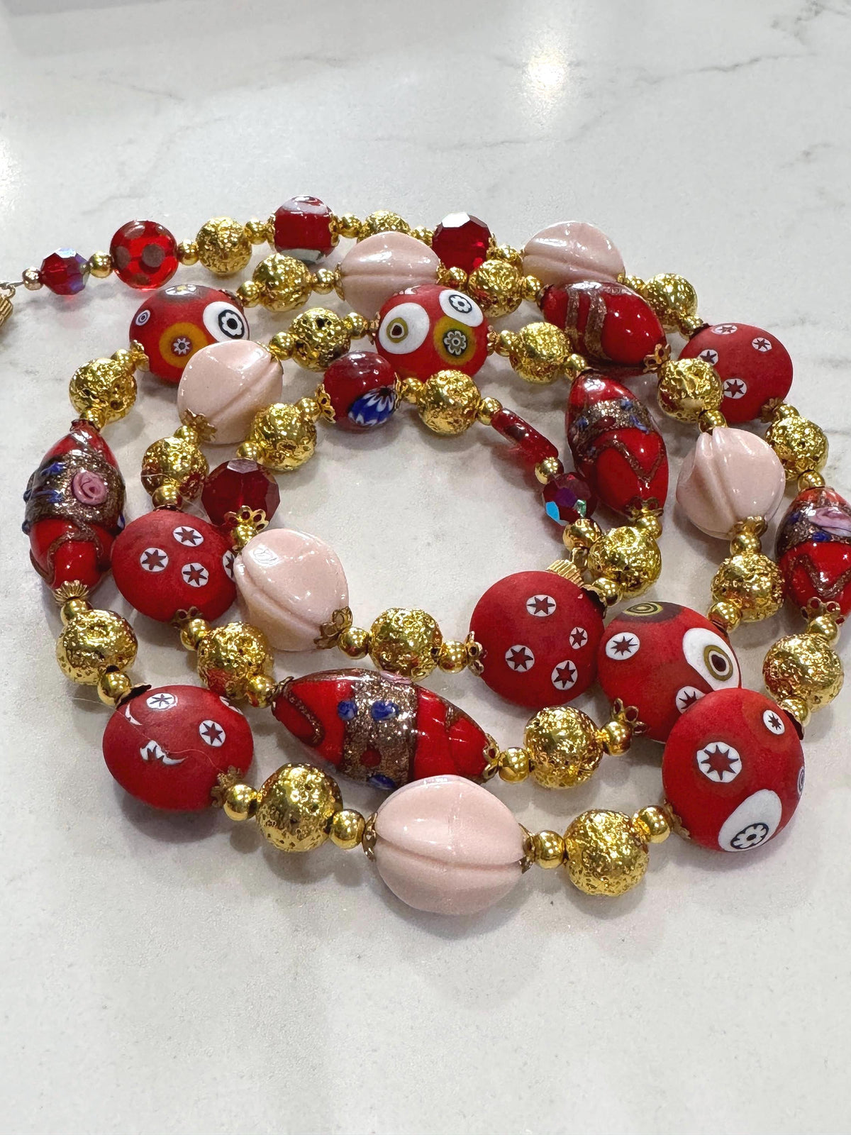 Vintage Millefiori Murano Glass Necklace, Gold Foil Czech Beads, 1920s-30s