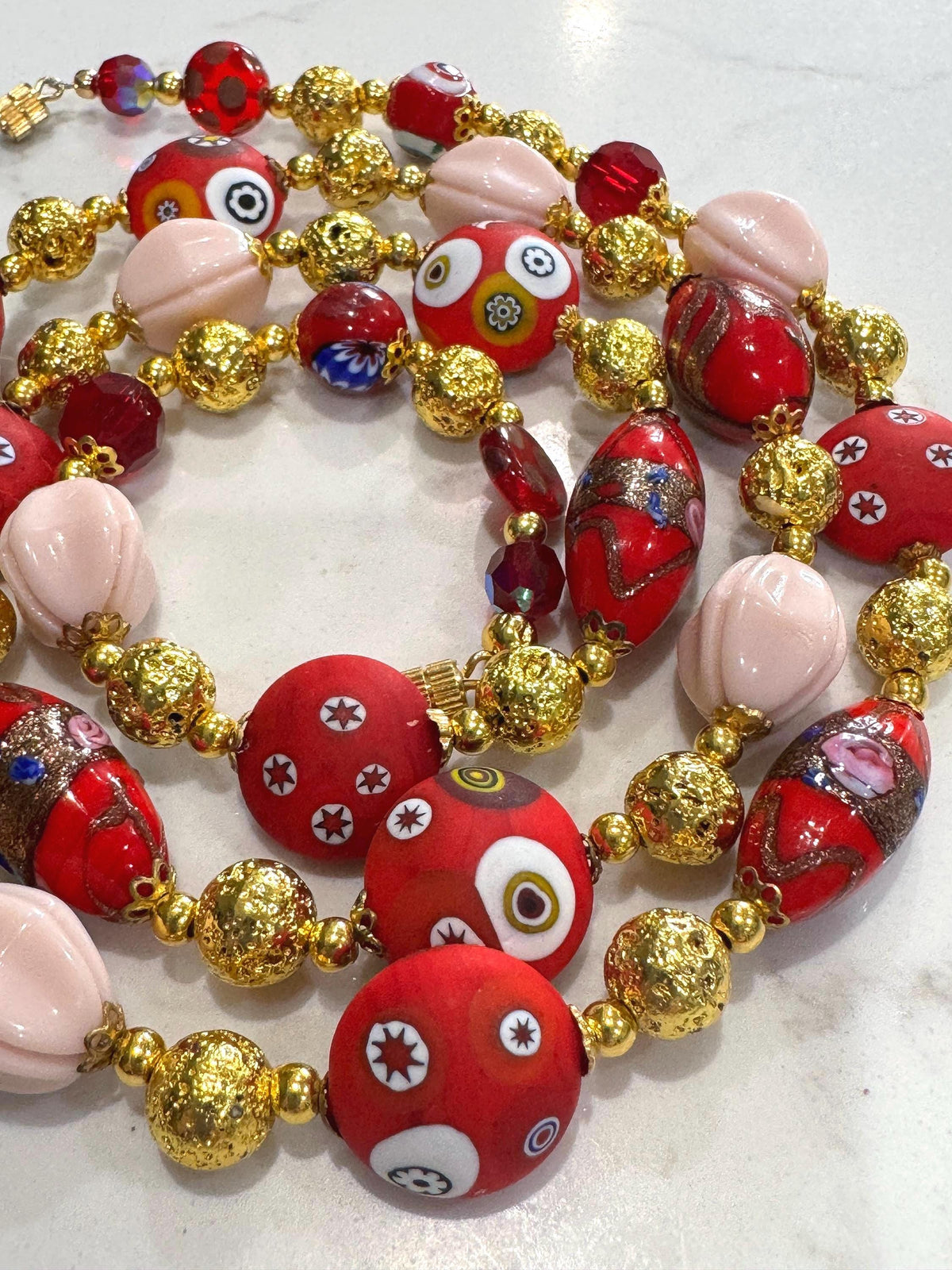 Vintage Millefiori Murano Glass Necklace, Gold Foil Czech Beads, 1920s-30s