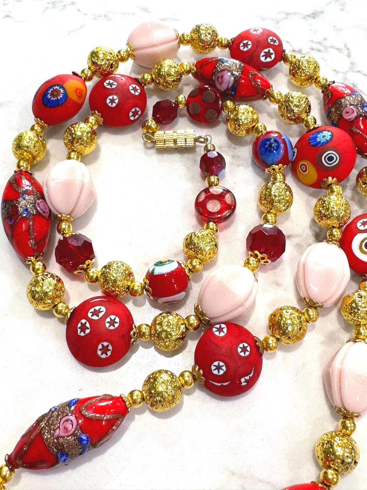 Vintage Millefiori Murano Glass Necklace, Gold Foil Czech Beads, 1920s-30s