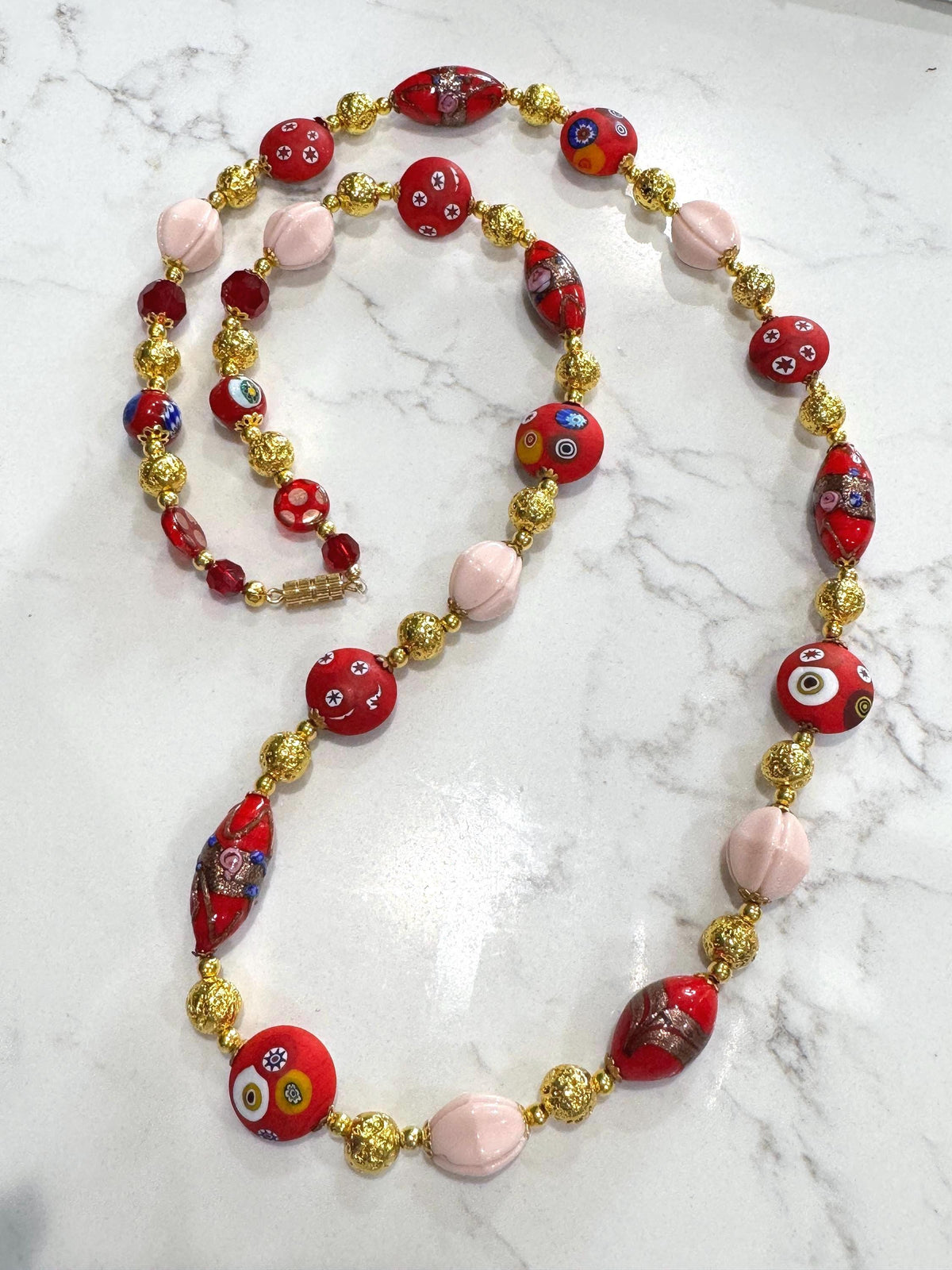 Vintage Millefiori Murano Glass Necklace, Gold Foil Czech Beads, 1920s-30s