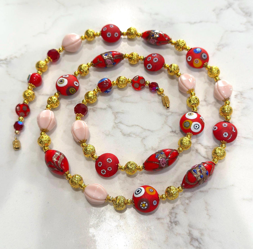 Vintage Millefiori Murano Glass Necklace, Gold Foil Czech Beads, 1920s-30s