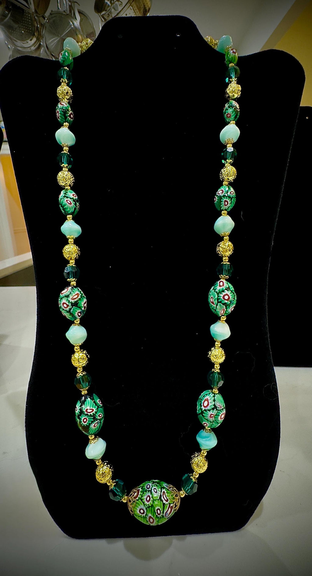 Vintage Murano Millefiori Glass Necklace: Green Oval Beads, Gold Lava
