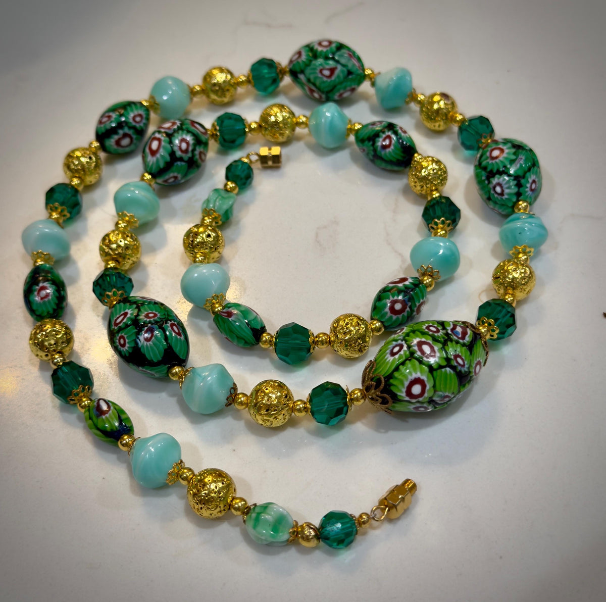 Vintage Murano Millefiori Glass Necklace: Green Oval Beads, Gold Lava