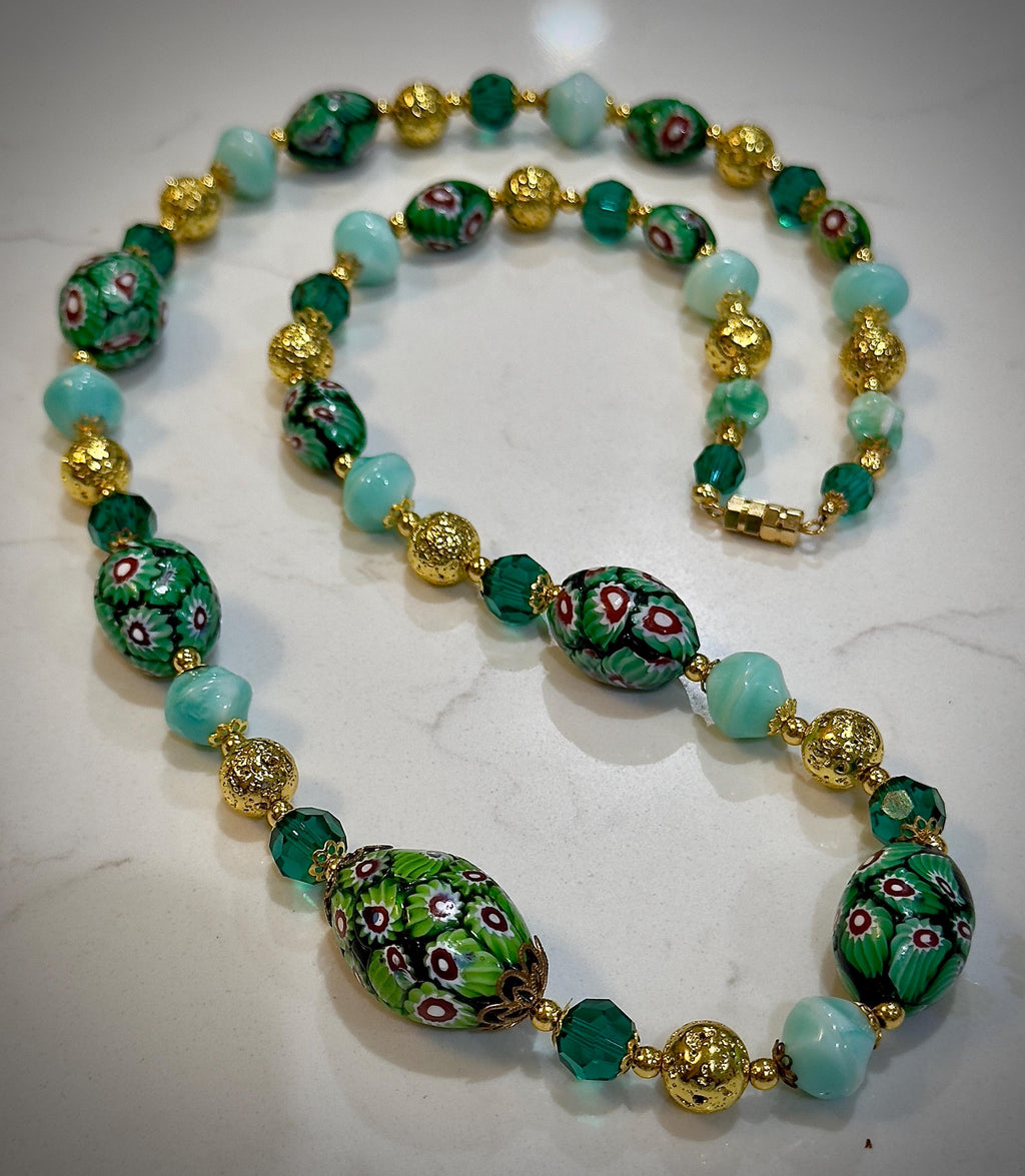 Vintage Murano Millefiori Glass Necklace: Green Oval Beads, Gold Lava