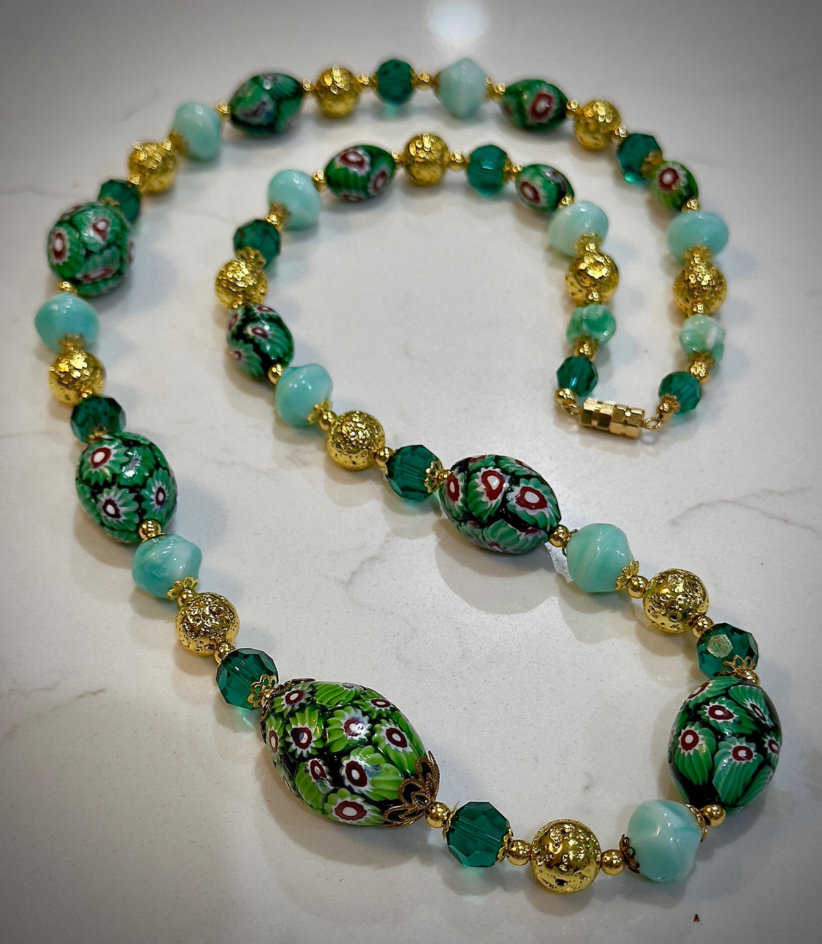 Vintage Murano Millefiori Glass Necklace: Green Oval Beads, Gold Lava
