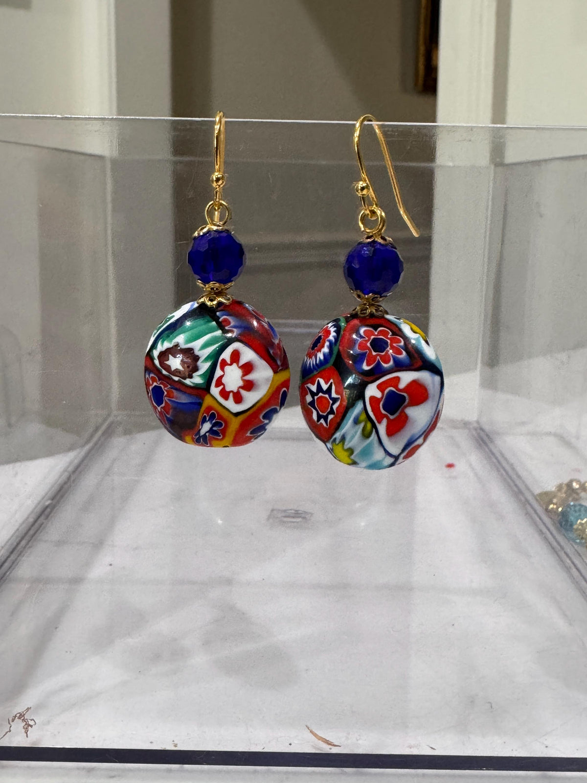Ercole Moretti Millefiori Red Coin Shaped Bead Earrings on Sterling Silver Hook