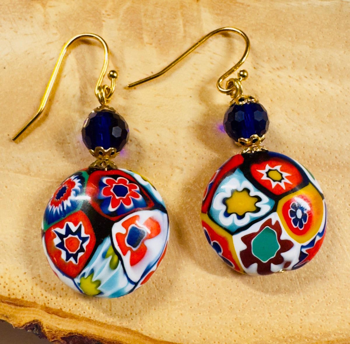 Ercole Moretti Millefiori Red Coin Shaped Bead Earrings on Sterling Silver Hook