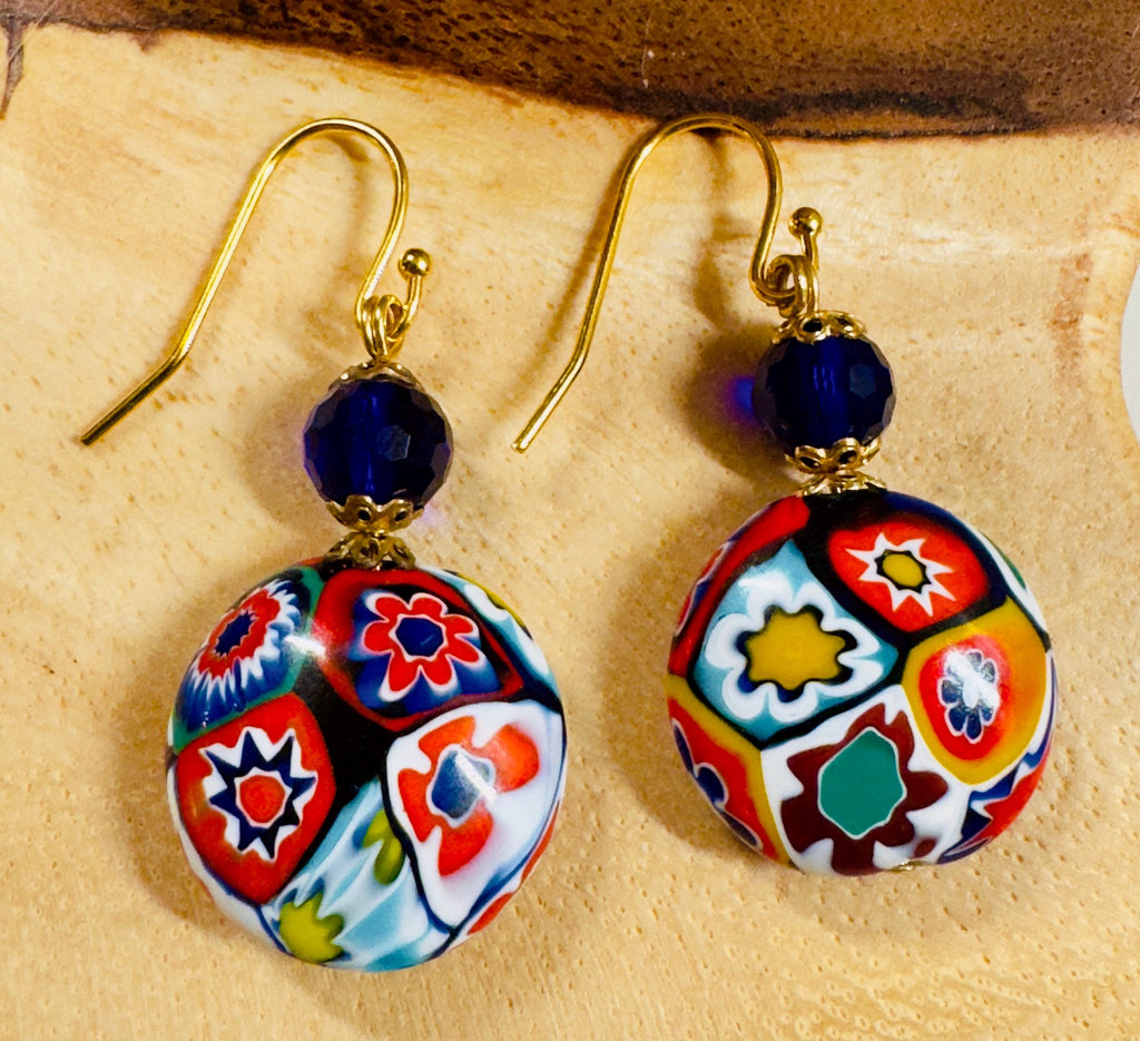 Ercole Moretti Millefiori Red Coin Shaped Bead Earrings on Sterling Silver Hook
