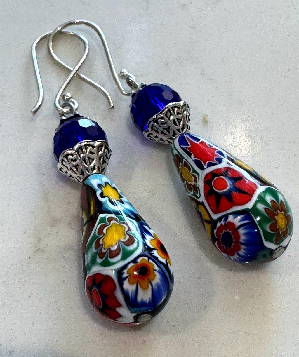 Vintage Ercole Moretti Teardrop Earrings: Sterling Silver, Cobalt Crystals