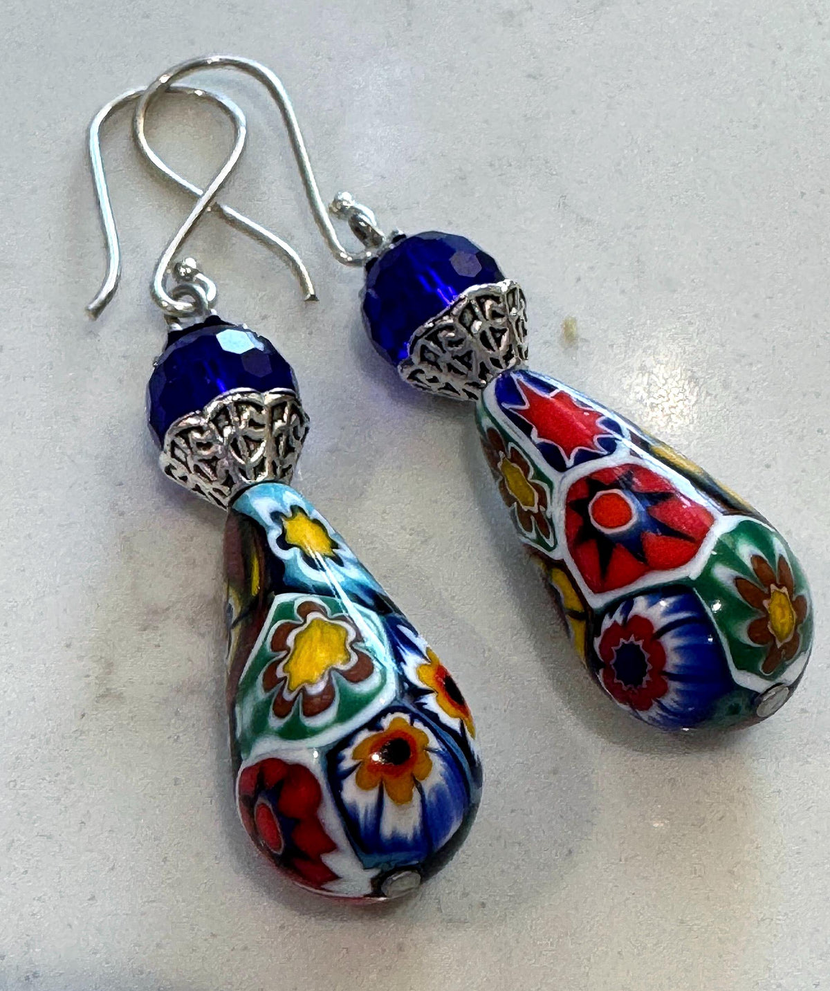 Vintage Ercole Moretti Teardrop Earrings: Sterling Silver, Cobalt Crystals