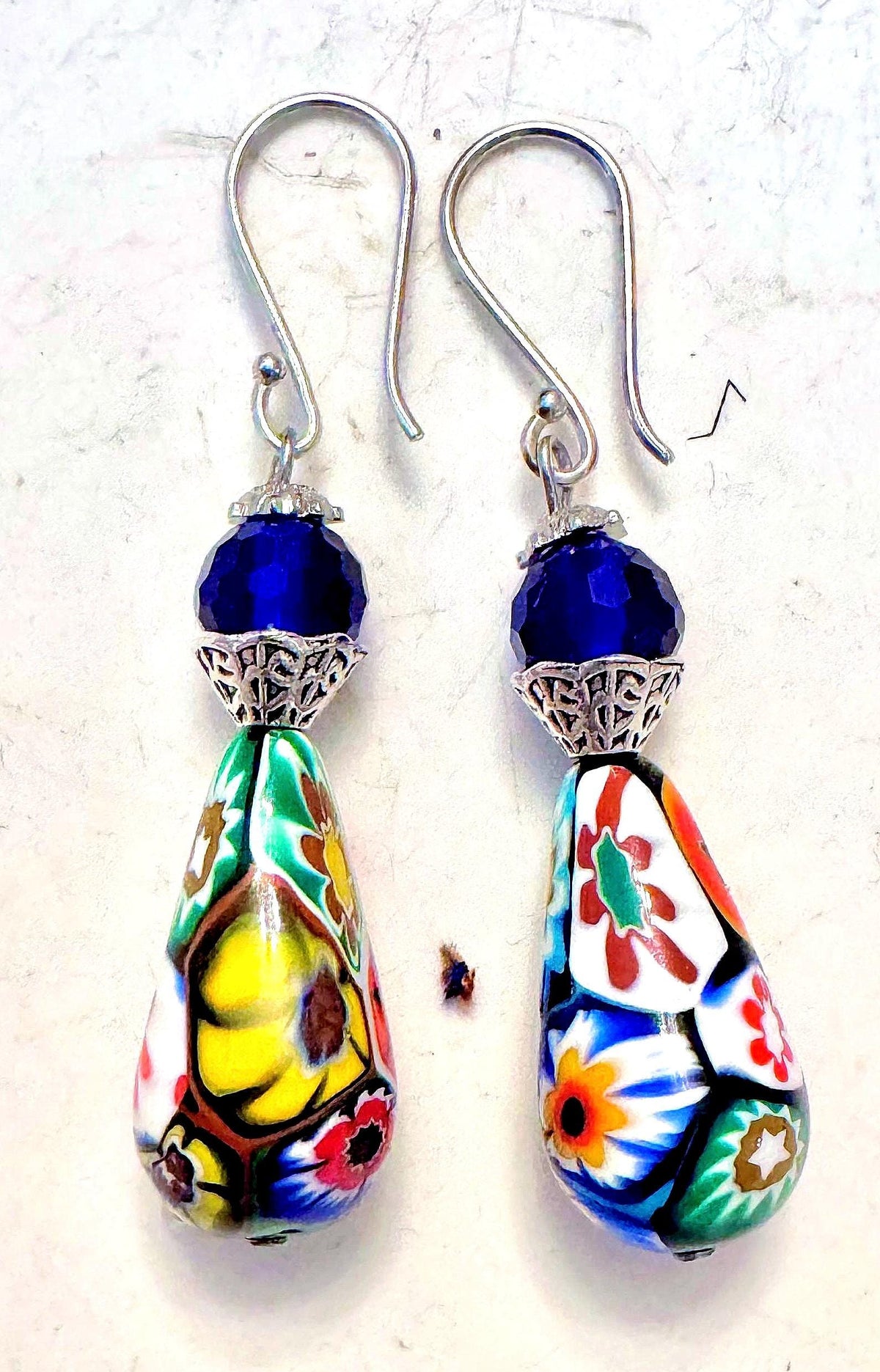 Vintage Ercole Moretti Teardrop Earrings: Sterling Silver, Cobalt Crystals