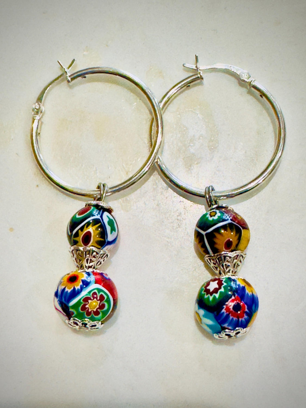 Silver Hoop Earrings Featuring Ercole Moretti Double Beaded Dangle