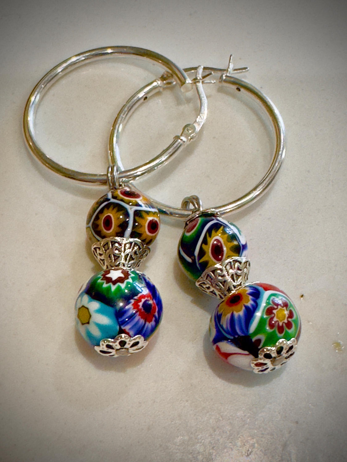 Silver Hoop Earrings Featuring Ercole Moretti Double Beaded Dangle