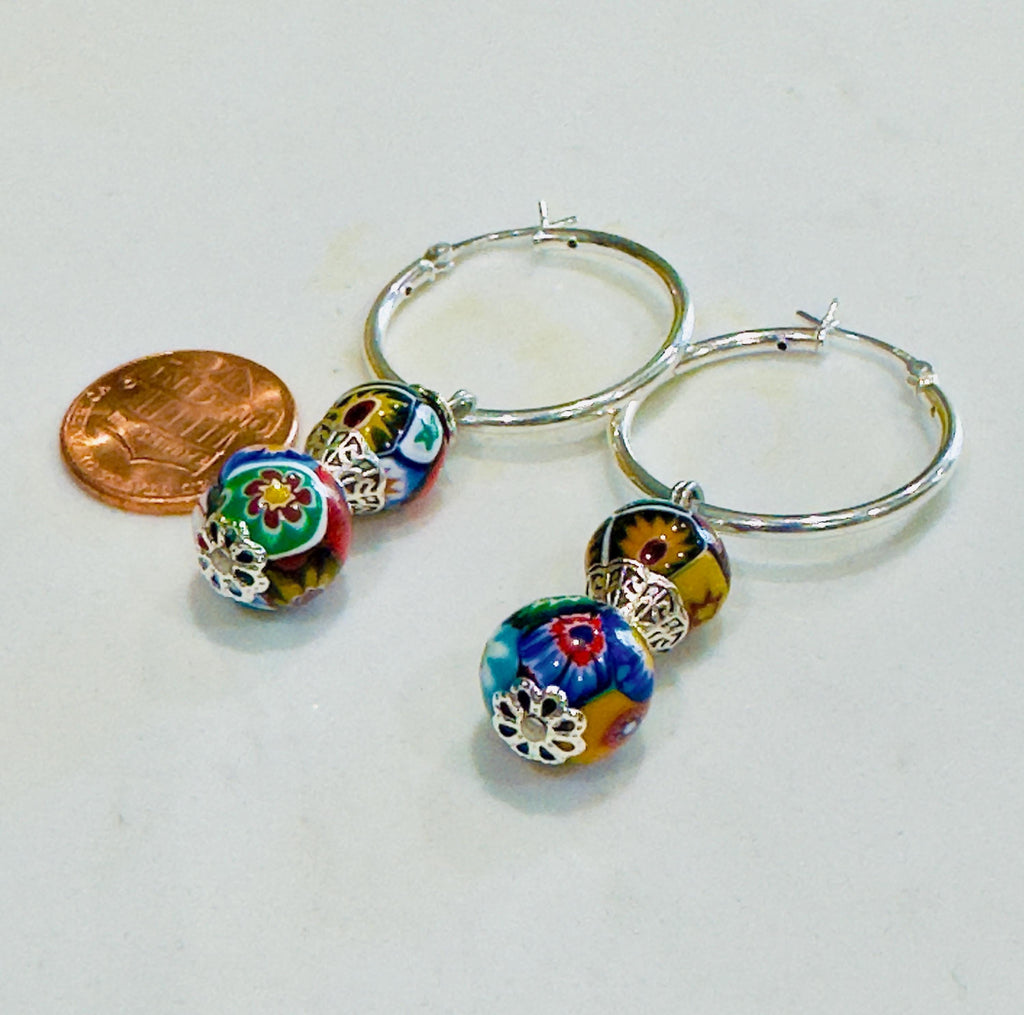 Silver Hoop Earrings Featuring Ercole Moretti Double Beaded Dangle