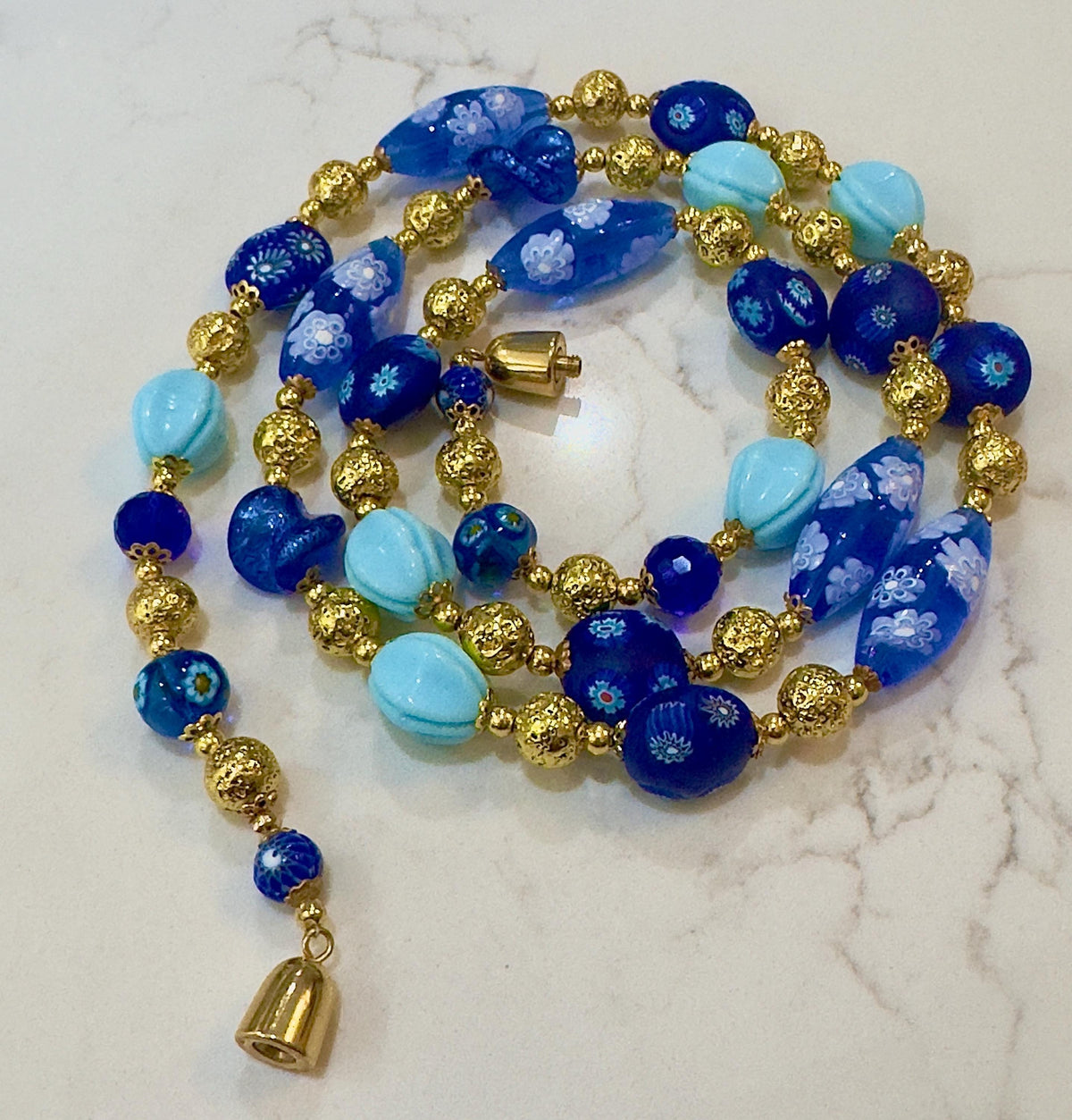 Vintage Murano Millefiori Glass Necklace, Gold & Cobalt Beads, 1920s Art Deco