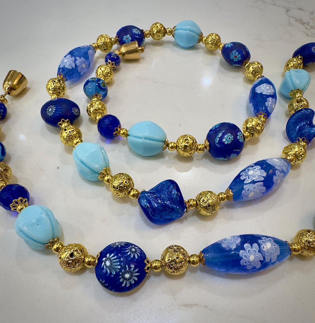 Vintage Murano Millefiori Glass Necklace, Gold & Cobalt Beads, 1920s Art Deco
