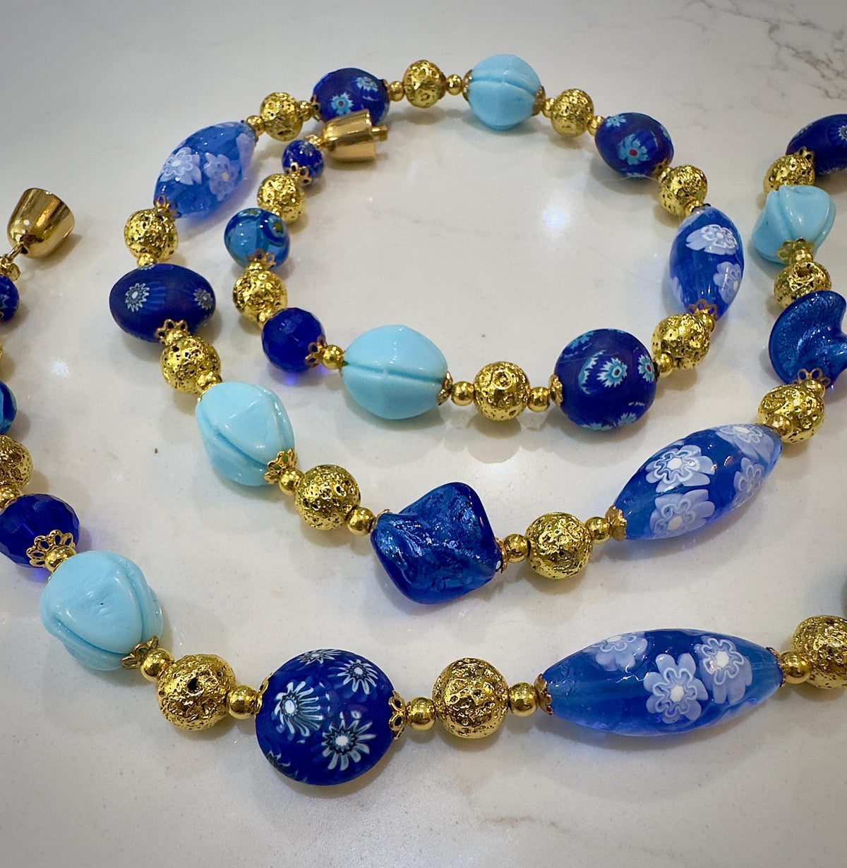 Vintage Murano Millefiori Glass Necklace, Gold & Cobalt Beads, 1920s Art Deco