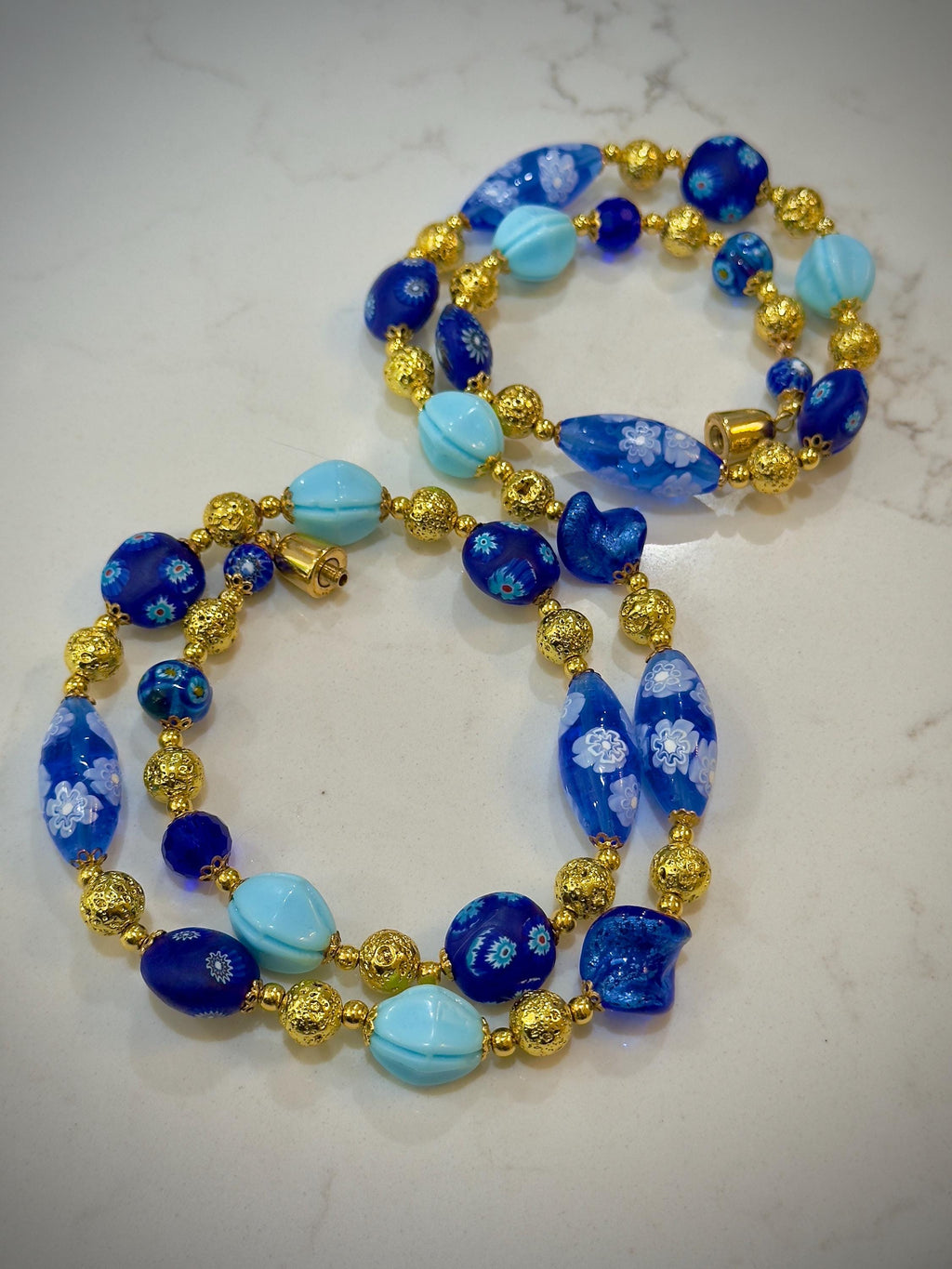 Vintage Murano Millefiori Glass Necklace, Gold & Cobalt Beads, 1920s Art Deco