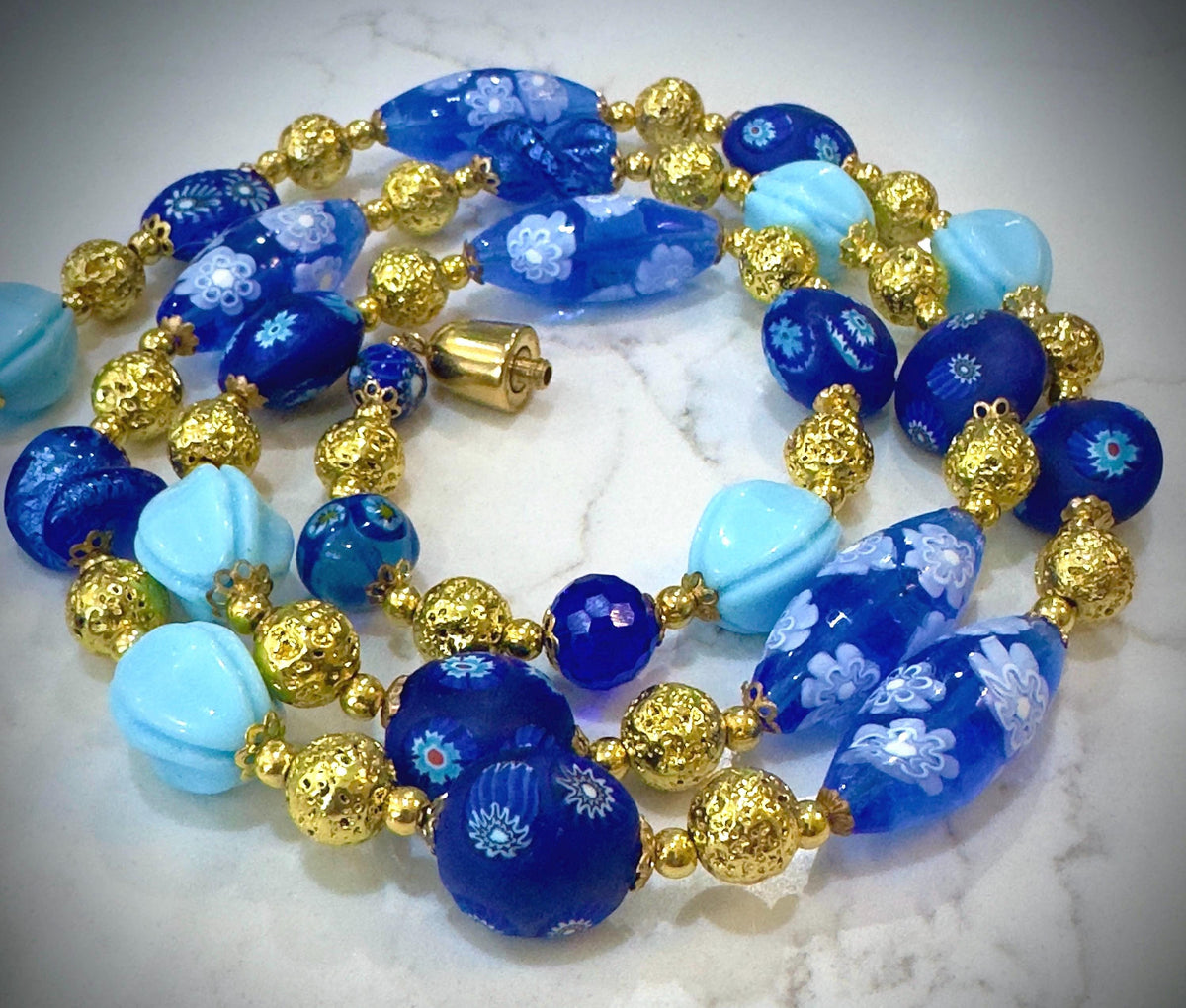 Vintage Murano Millefiori Glass Necklace, Gold & Cobalt Beads, 1920s Art Deco