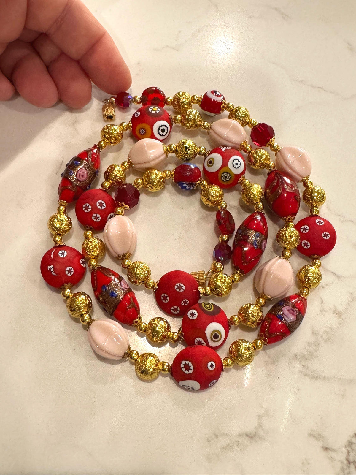 Vintage Millefiori Murano Glass Necklace, Gold Foil Czech Beads, 1920s-30s