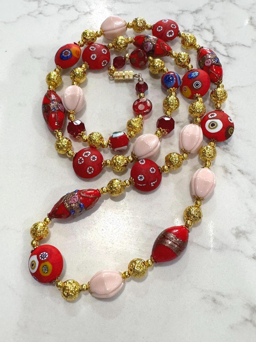 Vintage Millefiori Murano Glass Necklace, Gold Foil Czech Beads, 1920s-30s