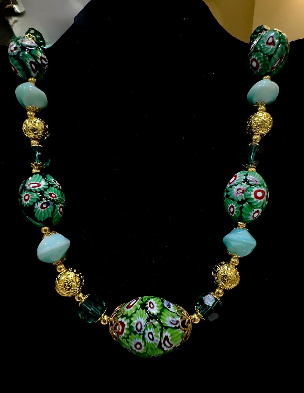 Vintage Murano Millefiori Glass Necklace: Green Oval Beads, Gold Lava