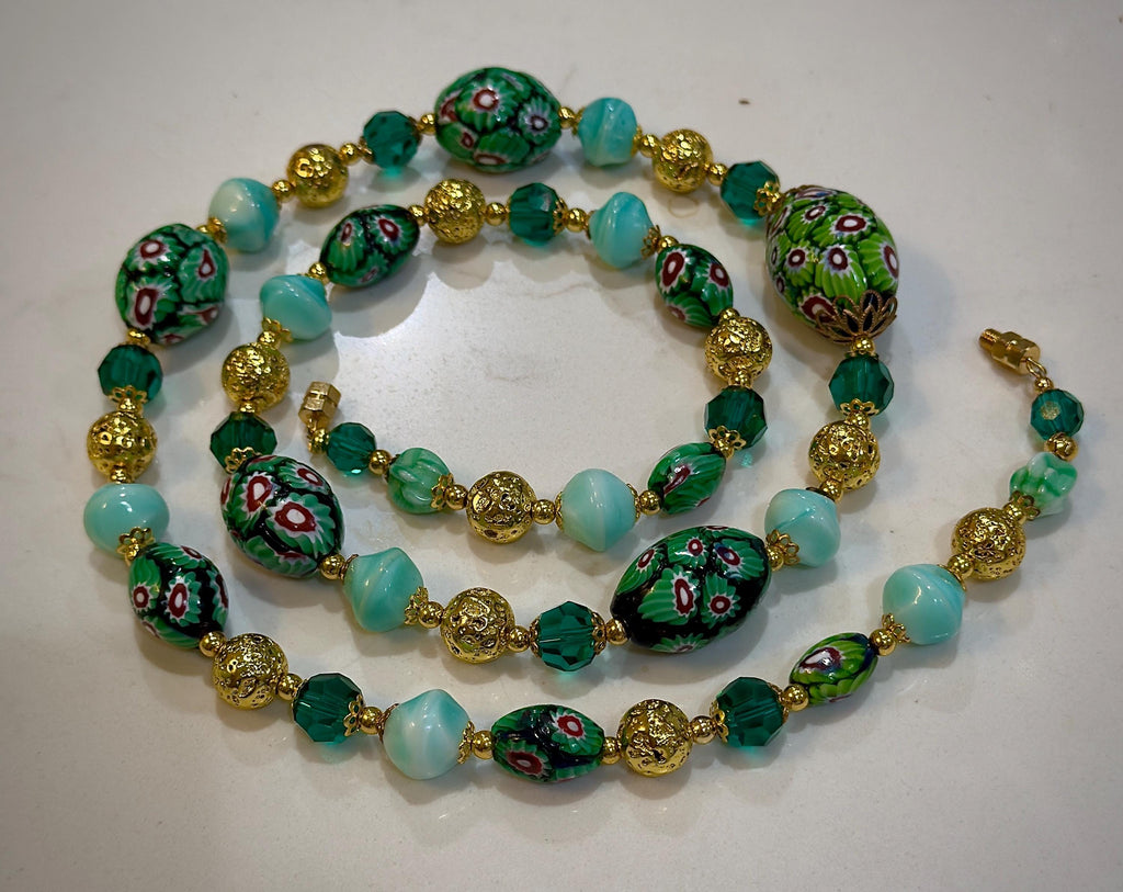Vintage Murano Millefiori Glass Necklace: Green Oval Beads, Gold Lava