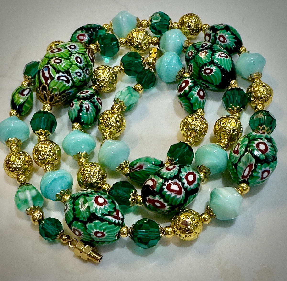 Vintage Murano Millefiori Glass Necklace: Green Oval Beads, Gold Lava