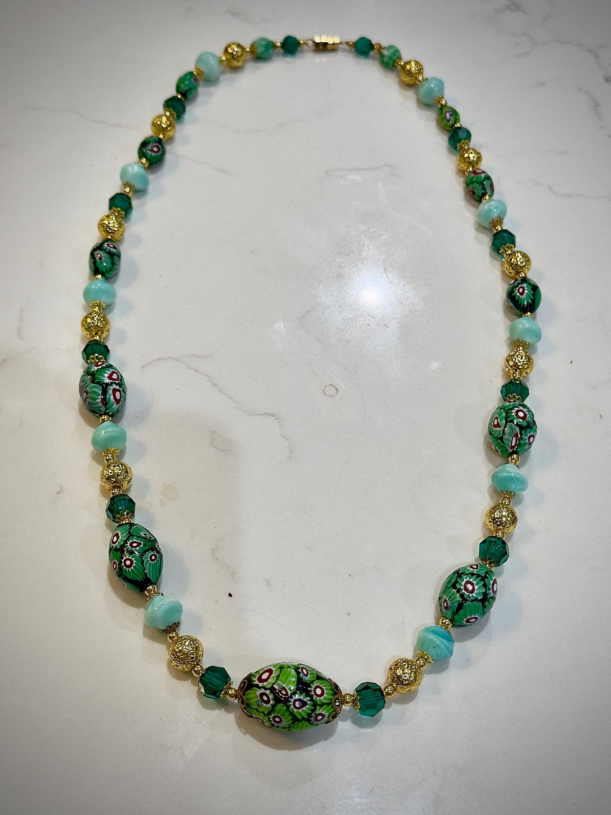 Vintage Murano Millefiori Glass Necklace: Green Oval Beads, Gold Lava