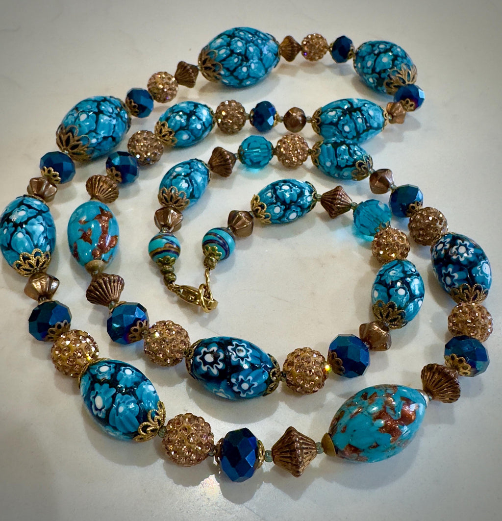 Vintage Murano Millefiori Necklace: Aqua Ercole Moretti Beads, 1920s-1960s