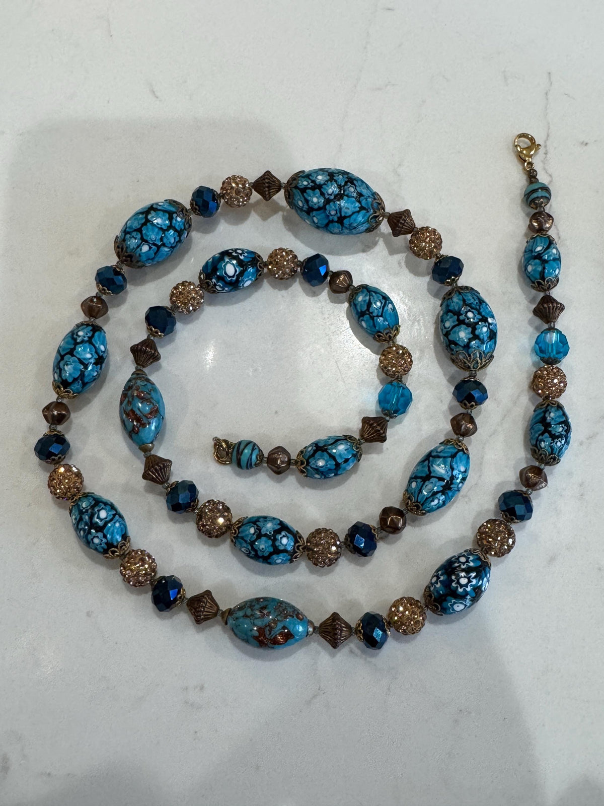 Vintage Murano Millefiori Necklace: Aqua Ercole Moretti Beads, 1920s-1960s
