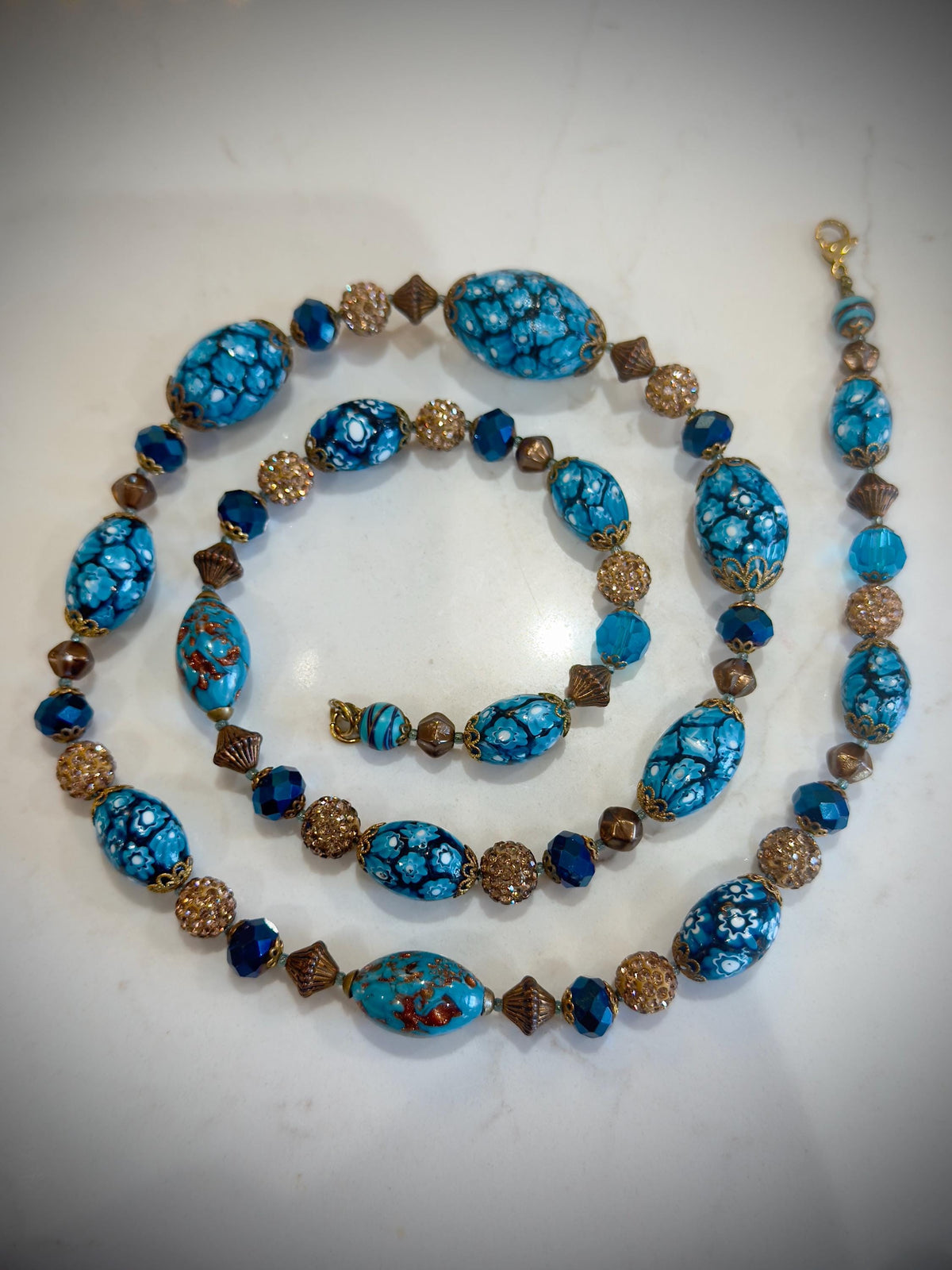 Vintage Murano Millefiori Necklace: Aqua Ercole Moretti Beads, 1920s-1960s