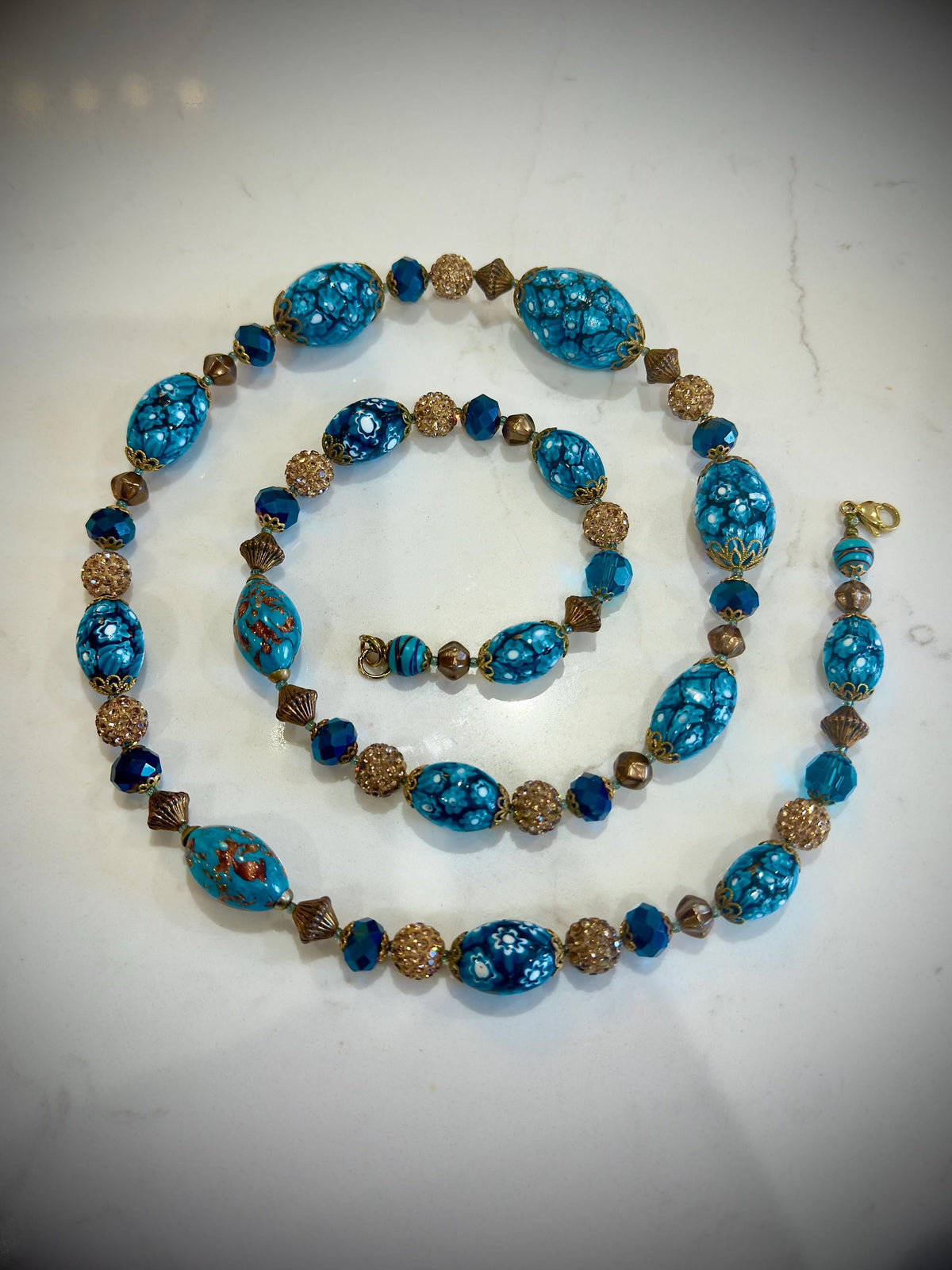 Vintage Murano Millefiori Necklace: Aqua Ercole Moretti Beads, 1920s-1960s
